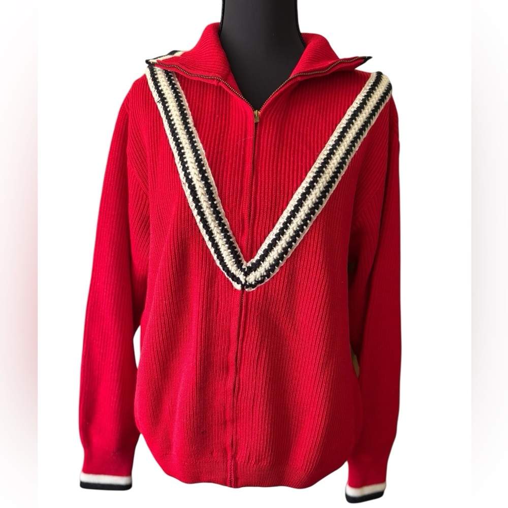 Vintage Avalanche Virgin Wool Red Varsity Stripe Cardigan Sweater Women’s Size L